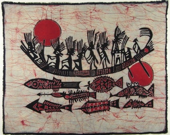 Varen met shoal - Chinese Volkskunst Batik Schilderij Wanddecor Wandtapijt 33 x 27 inch