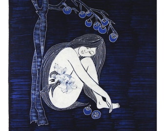 Blue Dream Elegant Girl Monochrome Indigo Batik Batik Painting Wall Tapestry Interior Decoration Based on Story