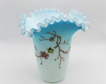 Mid Century Blue/ White Satin Art Glass Cased Vase with Hand Applied Enamel Decoration.