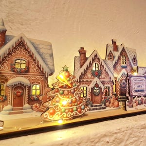 Handcrafted Laser-Cut Gingerbread Christmas Village Scene , Light windows with LED lights, perfect shelf decoration