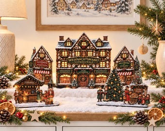 German Christmas Market Village, Weihnachtsmarkt LED Ready Street Scene, Flat Pack Mantel Decoration, Up to 72cm Wide