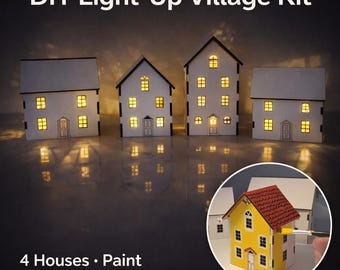 DIY Light-Up Village Houses Kit – 4 Pack HO Scale Model Houses – Paint Your Own Mini Village – Christmas Decor, Craft Kit, Model Railway