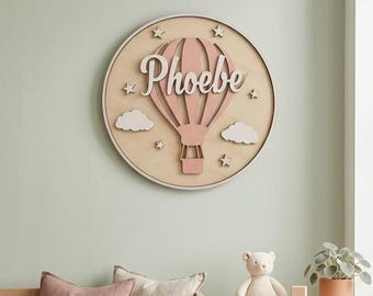 Personalised Hot Air Balloon Nursery Name Sign | Wooden Wall Decor for Baby Room | Custom Baby Name, Soft Nursery Colours