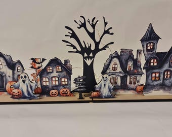 Handcrafted Laser-Cut Halloween mini Village Scene add LED lights for Illuminated Spooky Houses