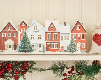 Scandinavian Christmas Village Decoration – Red & White Row of Houses with Trees, LED Mantel Display, Laser Cut table decor - Made in Sweden