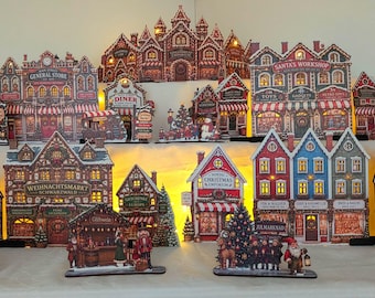 Christmas Village Collection, Choose Your Story Street Scene or 5 Pack, LED Ready Flat Pack Mantel Display, Up to 72cm  - 3.6meters total