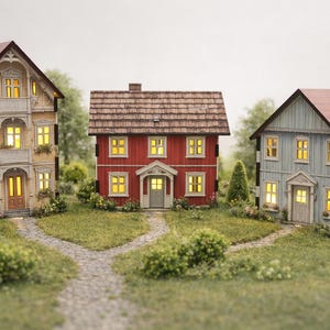 3x Paquete de inicio de calles escandinavas – 3 edificios nórdicos para maquetas de ferrocarril – Kit de casa de madera – Byggby Escala HO