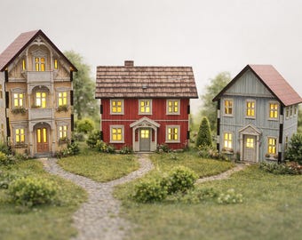 3x Scandinavian Starter Street Pack – 3 Nordic Model Railway scene Buildings – Wooden House Kit – Byggby HO Scale