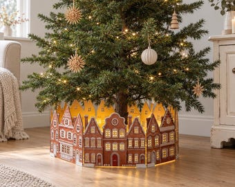 Gingerbread Christmas Tree Base Surround, Light-Up Village Tree Collar, Wooden Christmas Village Decor, 8-Panel Display