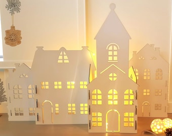 White Scandinavian House Display – 7-Piece Laser Cut Village Scene | Winter Window Display & Home Décor | Handmade in Sweden | XL decoration