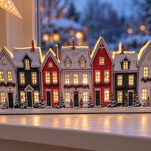 Può includere: Una decorazione da tavolo che raffigura un villaggio con una fila di sette case a più piani in rosso, bianco e verde scuro. Le strutture presentano tetti innevati, finestre illuminate e ghirlande festive sopra le porte su una base piatta.