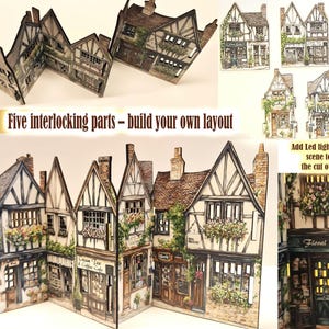 5 peice mini village set, english tudor design scene book nook