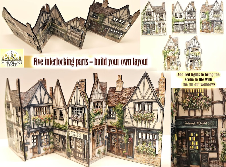 5 peice mini village set, english tudor design scene book nook