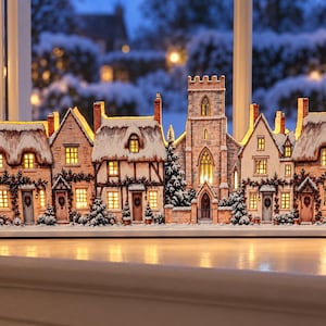 Puede incluir: Una escena de pueblo decorativa e iluminada que presenta una hilera de casas detalladas y una torre de iglesia central. Las estructuras tienen techos cubiertos de nieve, ventanas con luz cálida y vegetación exterior sobre una base plana.