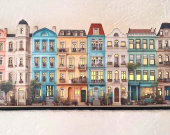 Pastel laser cut townhouses | European street scene decor for nursery, LED village scene, Scandinavian modern home and shelf display decor
