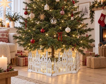 White Christmas Tree Collar, Scandinavian Village Tree Surround, Light-Up Tree Base, Nordic Christmas Decoration