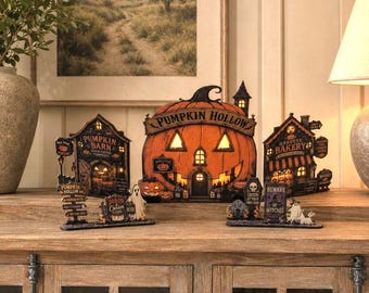 Halloween Village Decor 72cm wide, Pumpkin House LED Ready 3D Scene, Spooky Mantel Shelf Decoration, Pumpkin Hollow Story Street scene