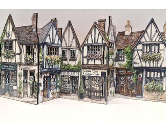 Mini Tudor Village Scene – Slot-Together Laser Cut Display LED friendy design English style village houses cottages and shops shelf ornament