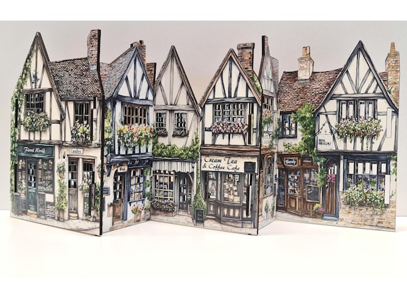 Mini Tudor Village Scene – Slot-Together Laser Cut Display LED friendy design English style village houses cottages and shops shelf ornament