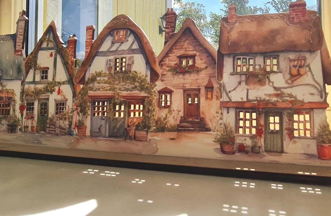 European Village Scene perfect for LED light Illuminated Windows Handcrafted Laser-Cut stand up, Country thatched cottage design