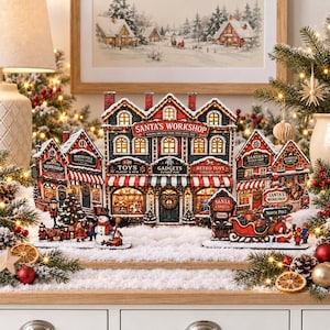 Santa’s Workshop Christmas Village, LED Ready North Pole Display, Flat Pack Christmas Mantel Decoration, Up to 72cm Wide