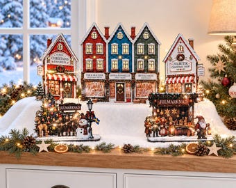 Nordic Christmas Village Display, LED Ready Scandinavian Street Scene, Flat Pack Mantel Decoration, Up to 72cm Wide