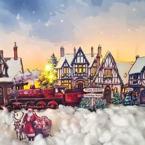 クリスマスのミニ村の風景 - 「ホリーブルック」パート1 | 華やかな鉄道駅とチューダー様式の住宅