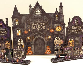 Blackthorn Manor 72cm Wide Halloween Village scene | LED Ready 3D Haunted House Display | 9 Piece Hinged Witches Street Shelf Decor