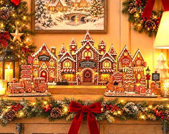 Gingerbread Christmas Village Display, LED Ready Gingerbread House Street, Flat Pack Mantel Decoration, Up to 72cm Wide