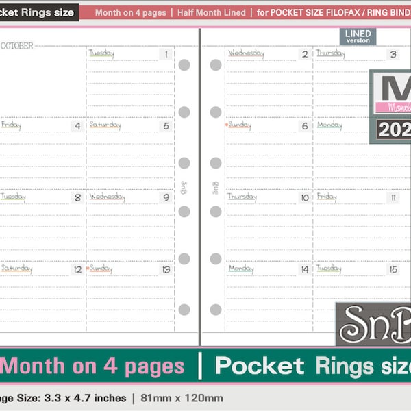 SnB Pocket rings - Half month spreads - 2023 / 2024 - Printable Monthly inserts for Filofax / Ring Binders