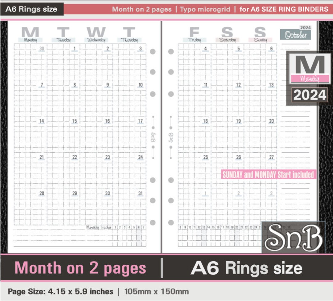 Snb A6 Rings Typo Microgrid Month on 2 Pages 2023 / 2024 - Etsy