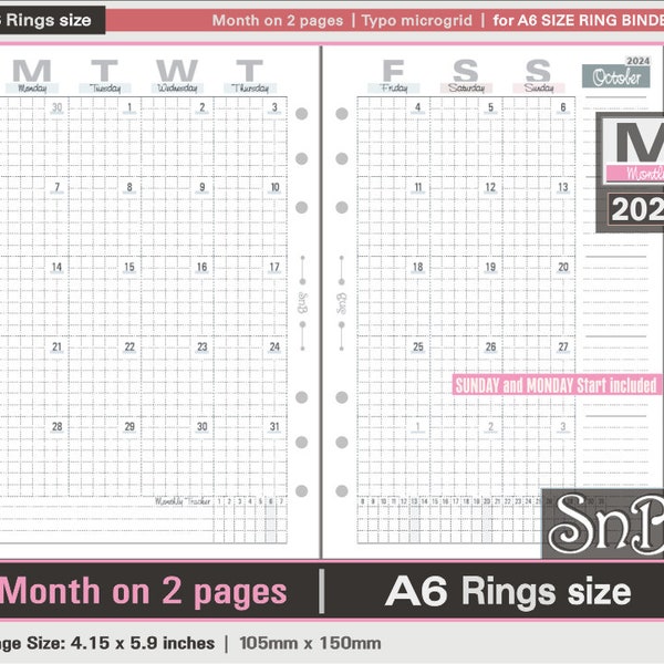 SnB A6 rings - Typo Microgrid - Month on 2 pages - 2023 / 2024 - Printable Monthly inserts for Ring Binders