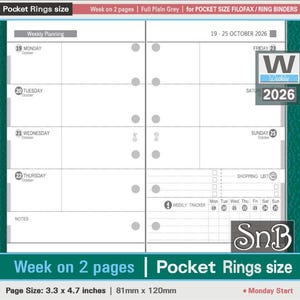 SnB Pocket rings - Full Plain Grey - Week on 2 pages - 2025 / 2026 - Printable Weekly inserts for Filofax / Ring Binders