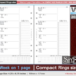 SnB Compact - Typo Edition - Week on 1 page - 2023 / 2024 - Printable Weekly inserts for Franklin Covey binders