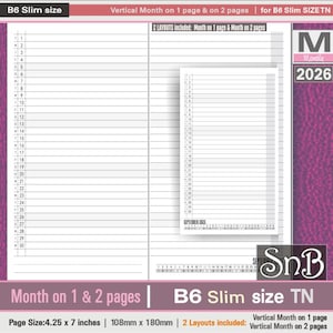 May include: A planner insert with a vertical monthly layout, designed for B6 Slim size TN notebooks. The insert includes two layouts: a month on one page and a month on two pages. The page size is 4.25 x 7 inches.