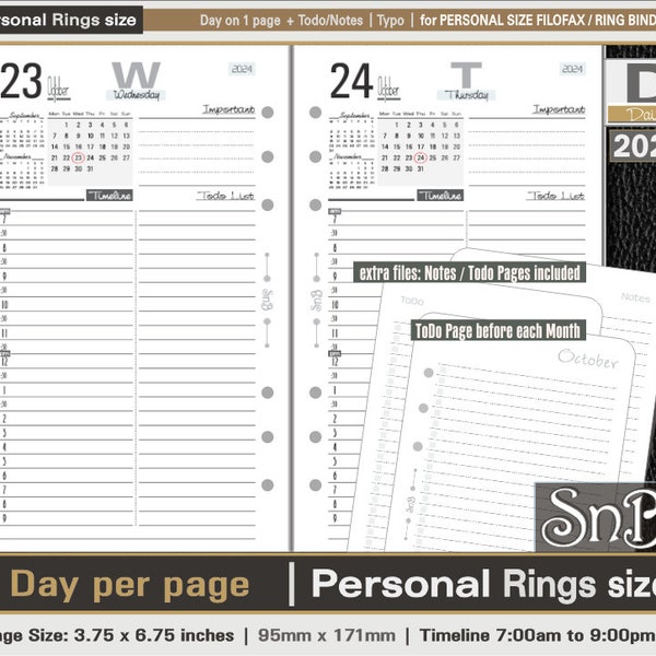 SnB Personal rings - Typo Edition - Day on 1 page - 2023 / 2024 - Printable Daily inserts for Filofax / Ring Binders