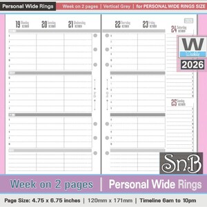 SnB Personal Wide - Grey Vertical Week on 2 pages - 2025 / 2026 - Printable Weekly inserts for Ring Binders