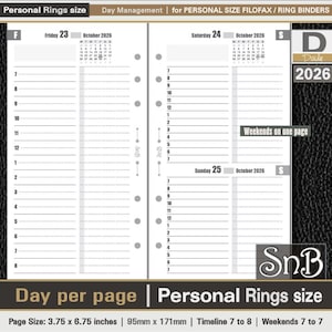SnB Personal rings - Day Management - Day on 1 page - 2025 / 2026 - Printable Daily inserts for Filofax / Ring Binders