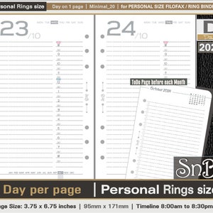 SnB Personal rings - Minimal 20 - Lined - Day on 1 page - 2023 / 2024 - Printable Daily inserts for Filofax / Ring Binders