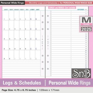 SnB Personal Wide - Monthly Logs and Schedules - 2025 - Printable Monthly inserts for Ring Binders