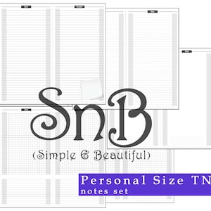 May include: A collection of white paper inserts for a personal size TN (Traveler's Notebook) notes set. The inserts include lined, grid, and blank pages. The text "SnB (Simple & Beautiful)" is displayed in a decorative font, with the text "Personal Size TN notes set" in a purple box.