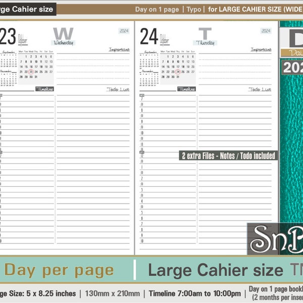 SnB Large Cahier - Typo Edition - Day on 1 page - 2023 / 2024 - Printable Daily inserts for Traveler's Notebooks