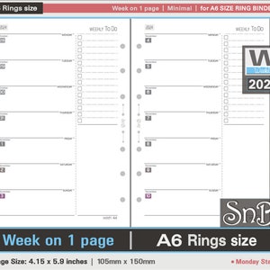 SnB A6 rings - Minimal - Week on 1 page - 2023 / 2024 - Printable Weekly inserts for Filofax / Ring Binders