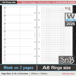 SnB A6 rings - Neutral Edition - Week on 2 pages - 2025 - Printable Weekly inserts for Ring Binders