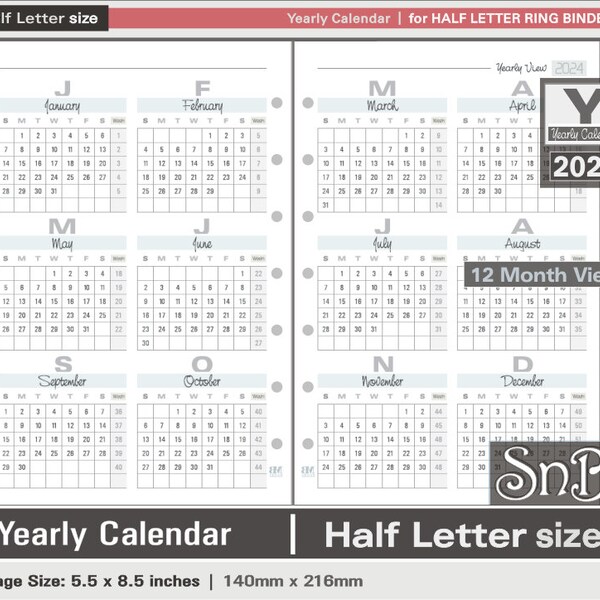 SnB Half Letter rings - Typo Edition - Yearly Calendar - 2023 / 2024 - Printable Monthly inserts for Half Letter / FC CLASSIC BINDERS