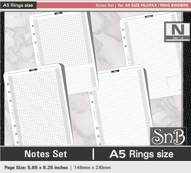 Ring Notes Tutorial Snb A5 Rings - Notes Set - Printable Files for Filofax / Ring Binders ...