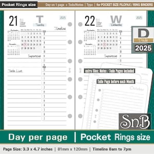 SnB Pocket rings - Typo - Day on 1 page - 2025 - Printable Daily inserts for Filofax / Ring Binders