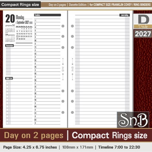SnB Compact - Danette Edition - Day on 2 pages - 2027 - Printable Daily inserts for Franklin Covey binders