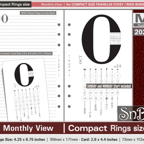 SnB Compact - Typo Edition - Monthly View - 2023 / 2024 - Printable Monthly inserts for Franklin Covey binders