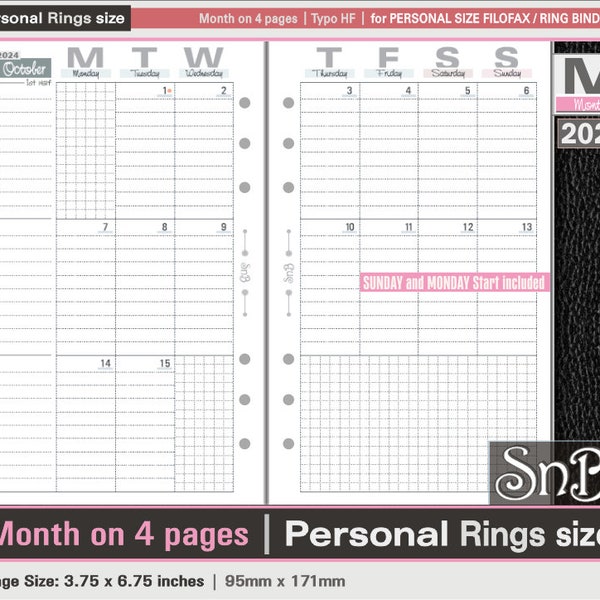 SnB Personal rings - Typo Edition - Month on 4 pages - 2023 / 2024 - Printable Monthly inserts for Filofax / Ring Binders